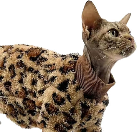 Cat Leopard Double-Sided Fleece Pullover, Soft Warm Clothes for Hairless Sphynx, Devon & All Indoor Kittens in Winter (Leopard,L)