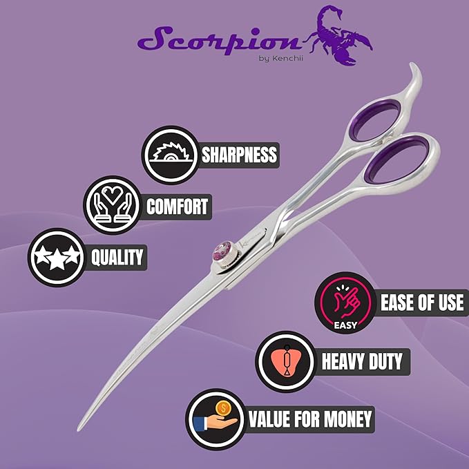 Kenchii Scorpion 7 Inch, Curved Grooming Scissors for Dogs and Pets - Premium Steel Scissors for Dog Grooming - Dog Shears Pet Grooming Accessories - Pet Hair Trimming Scissor