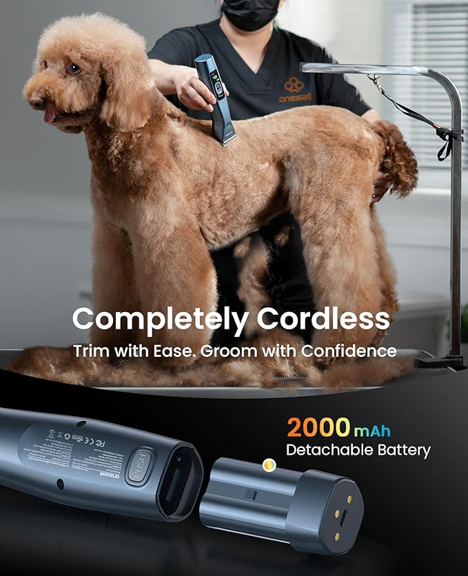 oneisall Cordless Professional Dog Grooming Clippers, 2-Speed Dog Clippers for Grooming Heavy Duty/Thick Hair, Detachable Carbonized Steel Blade Metal Combs, Removable Battery