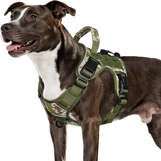 WINGOIN Tactical Dog Harness for Medium Dogs, Heavy Duty No Pull Dog Harness with Handle, Adjustable Reflective Military K9 Pet Vest for Pitbull, Female, Male, Walking, Hunting, Green Camo (M)