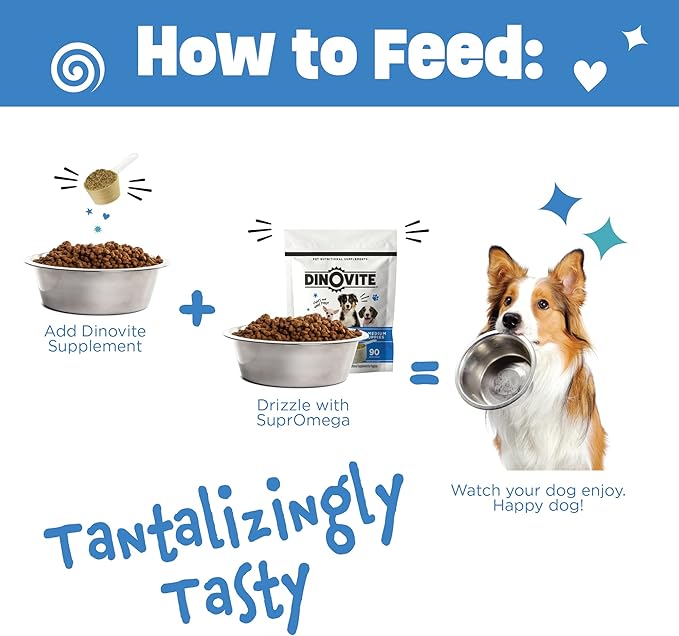 Dinovite 3 in 1 Probiotic for Puppies, Skin & Coat, Digestive Health & Joint Relief, Dog Food Toppers, Salmon Oil, Glucosamine, Allergy Relief & Itch Relief Skin Care, 90 Servings (Puppy)