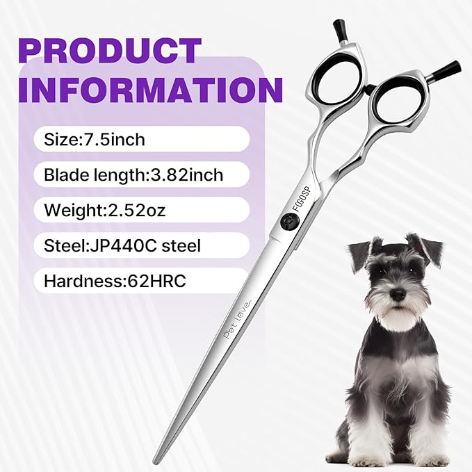 Straight Dog Grooming Scissors 7.5 in Professional Dog Hair Scissor Trimming Dogs Pet Cat Shears Japan 440C Symmetric Handle Light Weight for Cutting Body Leg Hairs(7.5)