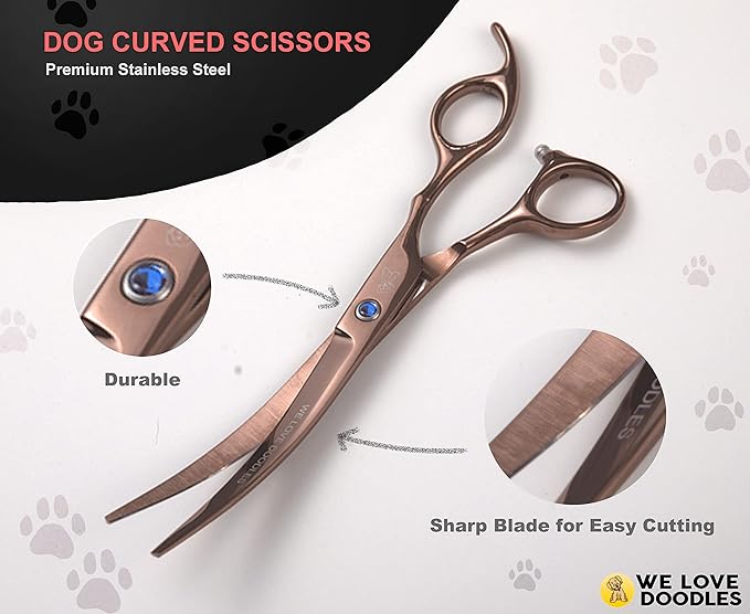 Dog Grooming Scissors Kit - Best Tools For Goldendoodles, Poodles & Doodles - Straight, Curved & Thinning Shears - Golden Doodle Grooming Kit - Professional Grade Steel, 4 Pc Set [We Love Doodles]