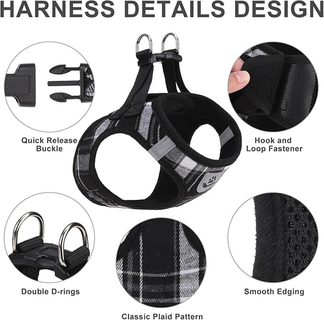 EXPAWLORER Classic Plaid Puppy Harness - Dog Collar and Leash - Soft Mesh Padded Adjustable Step in Small Dog Vest Harness No Pull, Reflective Escape Proof for Outdoor Walking, Black L