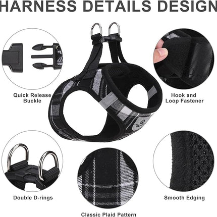 EXPAWLORER Classic Plaid Puppy Harness - Dog Collar and Leash - Soft Mesh Padded Adjustable Step in Small Dog Vest Harness No Pull, Reflective Escape Proof for Outdoor Walking, Black XXS