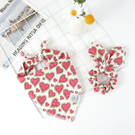 E-Clover Pink Watermelon Dog Bandanas & Matching Scrunchie Set Cute Heart Dog Scarf Bibs Pet Bandana with Bow Tie for Medium Large Dogs Owner Mom Spring Summer