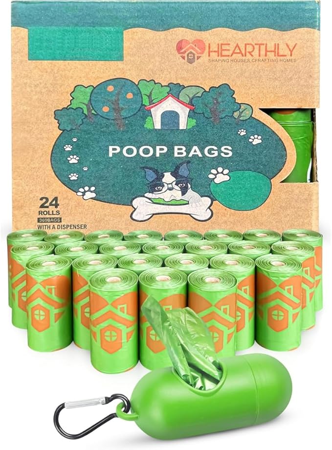Dog Poop Bags Rolls 360 Count Pack of 24 | Leak Proof and Extra Thick Dog Poop Bag Refill with Dispenser and Leash Clip| Cat litter Bags | Lavender Scented | Green (13 x 9 Inches)
