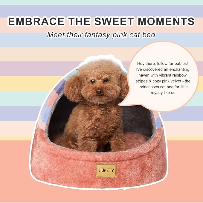 Jiupety Cute Cat Beds for Indoor Cats, Cat Cave Bed for Kittens, Hideaway Cat House for Cats & Small Dog with Anti-Slip Bottom, Washable Removable Cushion, L(19"x17"x16"), Rainbow