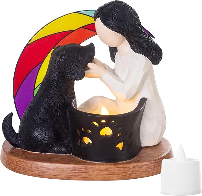 Dog Memorial Gifts with Rainbow Bridge,Hand-Sculpted Resin Pet Loss Sympathy Gift with LED Candle Holder, Home Decor for Pet Owners