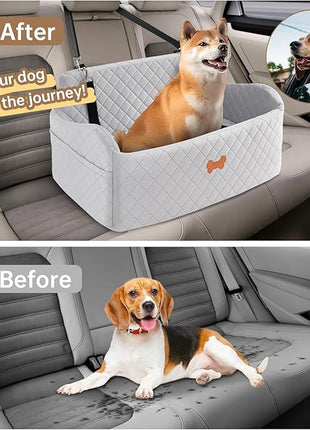 Car Seat for Large Size Dog, Booster Seat for Dogs Under 55 lbs or 2 Small Dogs, Soft Car Dog Bed Filling in Thick Memory Foam with 2 Safety Leashes and Storage Pocket (Grey)