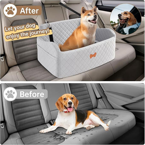 Car Seat for Large Size Dog, Booster Seat for Dogs Under 55 lbs or 2 Small Dogs, Soft Car Dog Bed Filling in Thick Memory Foam with 2 Safety Leashes and Storage Pocket (Grey)