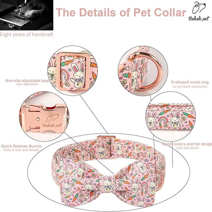 Easter Dog Collar with Bow Tie - Pink Easter Bunny Bowtie Dog Collar Adjustable Heavy Duty Spring Easter Dog Collars for Small Medium Large Dogs L
