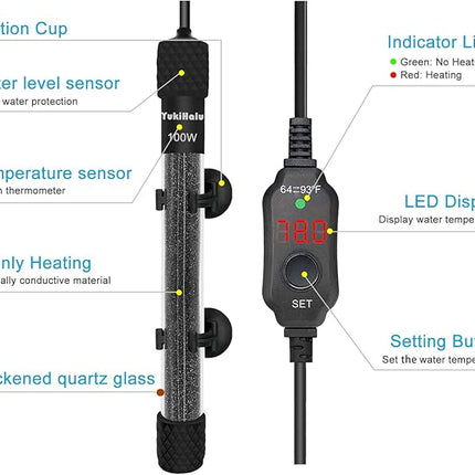YukiHalu Small Submersible Aquarium Heater, Adjustable Mini Fish Tank Heater 25W 50W 100W 200W 300W with External Temperature Controller, LED Display, Used for 5/10/20/40/60 Gallons (100 Watts)