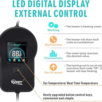 hygger 500W Aquarium Heater, Submersible Fish Tank Water Heater with External Color LED Digital Temperature Controller, Fast Heating for 60~120 Gallon