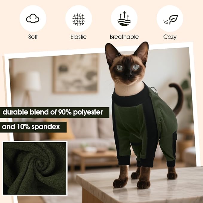 DENTRUN Cat Clothes with Anti-Shedding Fabric - Soft Recovery Suit & Breathable Lint-Resistant Cat Sweater for Wound Care & Hair Control, Kitten Onesie Pajamas, XS, Army Green