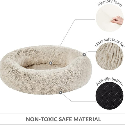 Friends Forever Calming Dog Bed for Medium Dogs, Donut Medium Pet Bed, 30 Inches Memory Foam Orthopedic Dog Bed with Fluffy Plush Faux Fur, Machine Washable, Serena Tan, 30"x23"x6.5"
