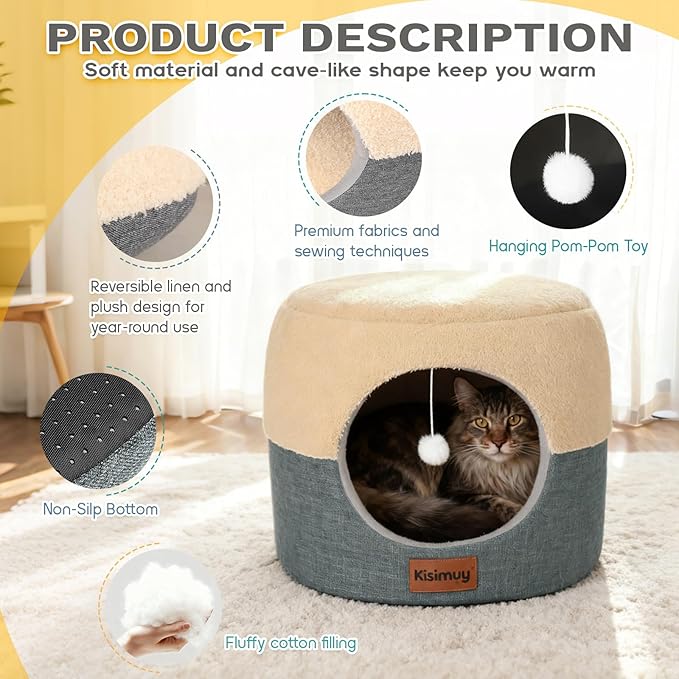 KISIMIUY Round Cat Beds for Indoor Cats, 2-in-1 Cat Cave Bed, Calming Anti-Anxiety Foldable Pet House,Cozy Durable Ultra-Soft Plush & Anti-Slip Bottom for Kittens and Small Dogs Puppy,15.7 inches