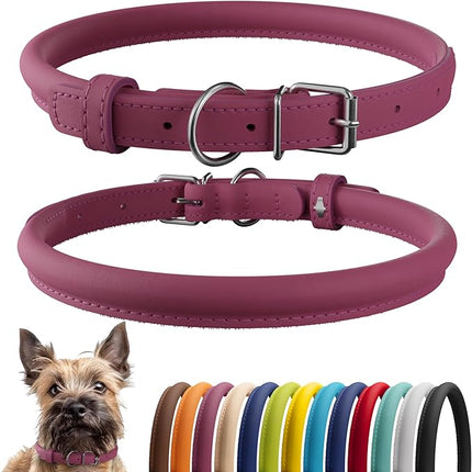 CollarDirect Rolled Leather Dog Collar, Soft Padded Round Puppy Collar, Handmade Genuine Leather Collar Dog Small Large Cat Collars 13 Colors (6 Inch, Pink Smooth)