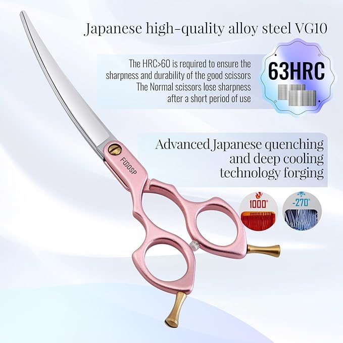 Professional Left Handed Curved Dog Grooming Scissors with Sharper Self Grinding lightweight and finely trimmed split structure 6.5'' Japan VG10 63HRC for small dogs cat pet(Pink)