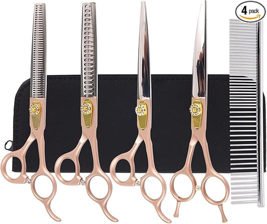 7 Inch Professional Dog Grooming Scissors Kit, 6-in-1 Grooming Scissors for Dogs, Pet Grooming Shears Set, Straight Scissor & Thinning Shear & Curved Scissor & Chunker Shear (Rose Gold)