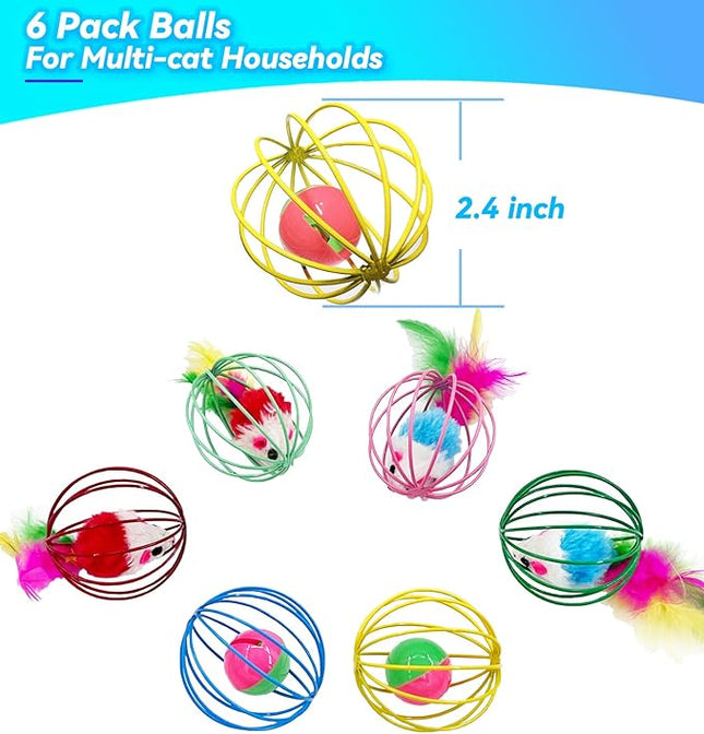 Cat Toys 6 Packs Cat Ball Toys, Metal Cage Balls with Mice & Bells, Cat Toys for Indoor Cats and Kitten, Interactive Cat Toys Cat Bell Balls, Mouse Toys, Kitten Toys Promote Physical Exercise