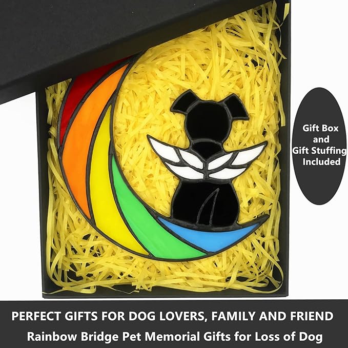 Stained Glass Rainbow Bridge Dog Memorial Gifts for Loss of Dog Sympathy Remembrance Suncatcher, Angel Wings Pet Loss Bereavement Gifts in Memory of Pet Passing Away Window Hanging.