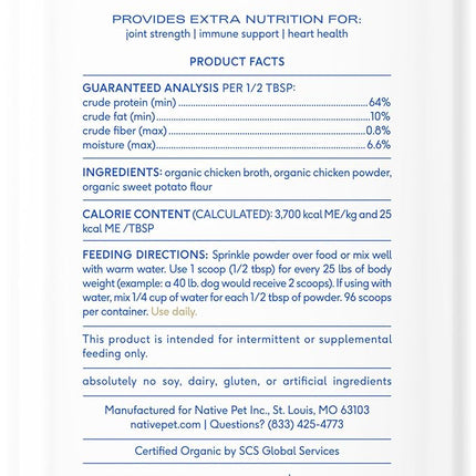 Native Pet Bone Broth for Dogs and Cats - Chicken Bone Broth Powder Dog Food Toppers for Picky Eaters - Provides Extra Nutrition for Joint Strength, Immune Support & Heart Health - 96 Scoops