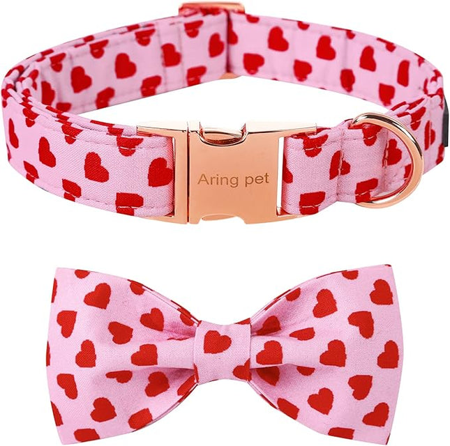 ARING PET Valentine's Day Dog Collar with Bow, Cute Adjustable Pink Heart Bowtie Pet Collars with Metal Buckle for Puppy Small Medium Large Boy Girl Dogs-L