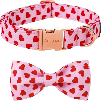 ARING PET Valentine's Day Dog Collar with Bow, Cute Adjustable Pink Heart Bowtie Pet Collars with Metal Buckle for Puppy Small Medium Large Boy Girl Dogs-XS