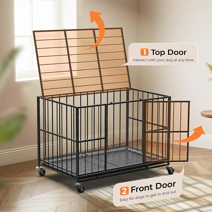 48/42/38 Inch Heavy Duty Dog Crate Steel Escape Proof, Indoor Double Door High Anxiety Cage, Removable Tray, Kennel with Wheels,XL XXL