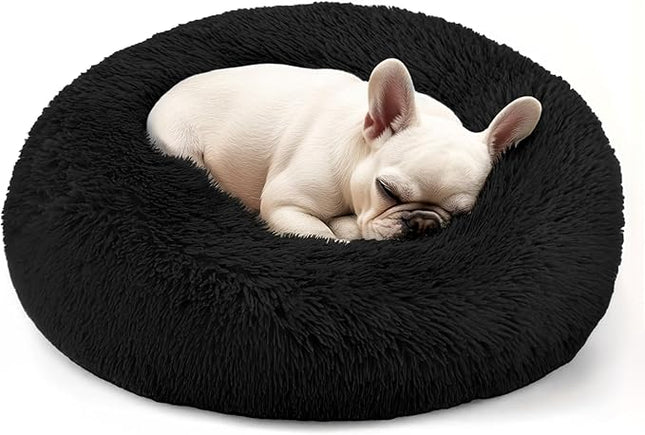 Dogs Bed for Small Dogs, Anti-Anxiety Washable Round Bed (Black, 24.0" L x 24.0" W x 8.0" Th)