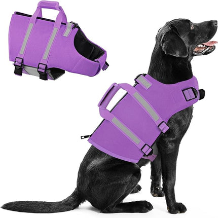 Queenmore Large Dog Life Vest For Swimming, XL Dog Life Jacket, Doggie Life Vest For Swimming Large Breed, Pet Lifesaver For Boating With Rescue Handle, Zipper, Pet Floating Vest For Pool (Purple, XL)