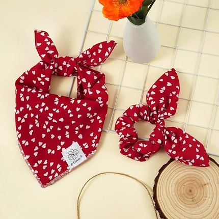 E-Clover Valentine Day Dog Bandana & Matching Scrunchie-Heart Dog Bandanas Red Pet Scarf Bib for Small Dogs Puppy Girl Boy Owner Valentines Mom Gift