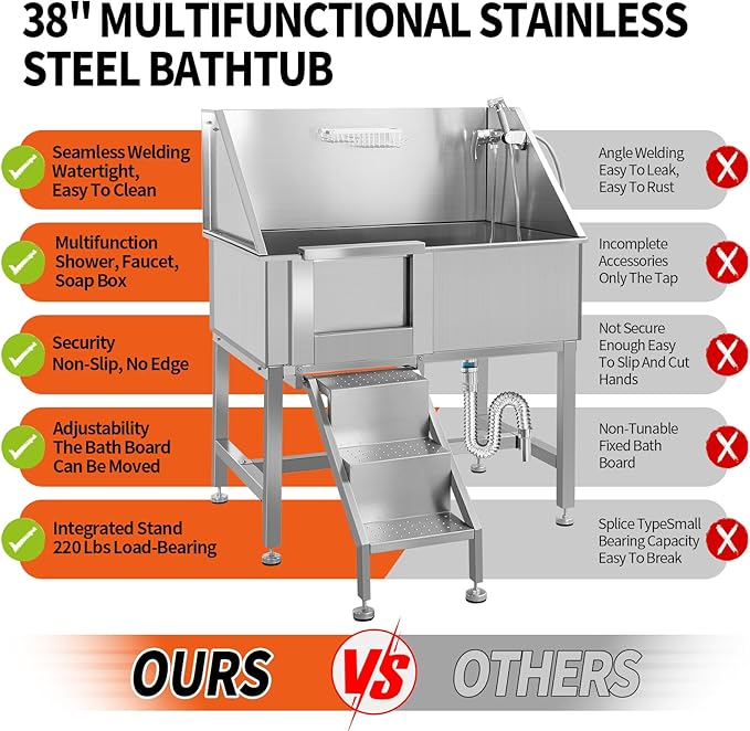 38" Professional Stainless Steel Dog Grooming Tub W/Soap Box, Faucet,Rich Accessory, Bathtub for Multiple Pets, Washing Sink for Home,L-Door