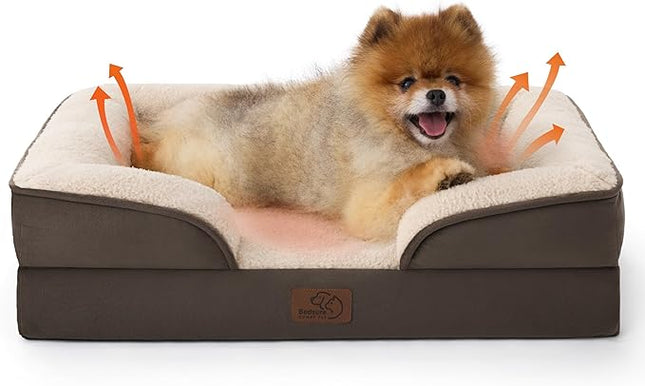 Bedsure Self Warming Orthopedic Dogs Bed for Small Dogs - Washable Small Dog Bed Waterproof, Comfort Pet Couch with Removable Cover, Supportive Foam Pets Sofa with Nonskid Bottom, Brown
