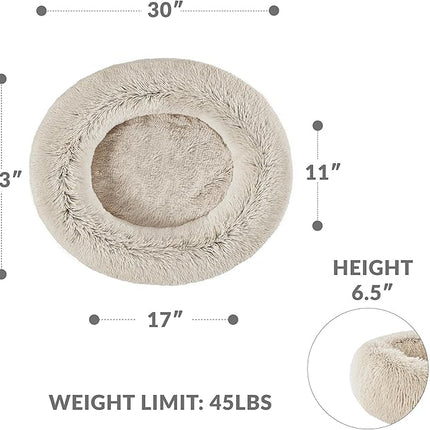 Friends Forever Calming Dog Bed for Medium Dogs, Donut Medium Pet Bed, 30 Inches Memory Foam Orthopedic Dog Bed with Fluffy Plush Faux Fur, Machine Washable, Serena Tan, 30"x23"x6.5"