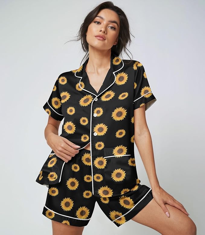 Women’s Silk Satin Pajama Set, Short Sleeve Button Down 2 Piece PJs with Shorts, Cozy Loungewear & Matching Holiday Pajamas