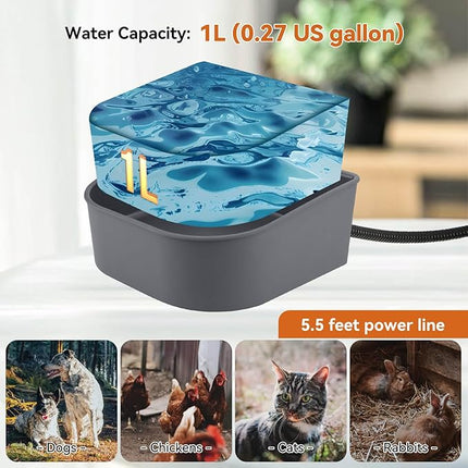 NAMSAN Small Heated Pet Bowl for Cats Rabbits, Outdoor and Indoor, 1 L Heated Water Bowl for Chicken Birds Ice Free, Thermal-Bowl for Dog Cage, Hanging Kennel Dish, Self-Assembly