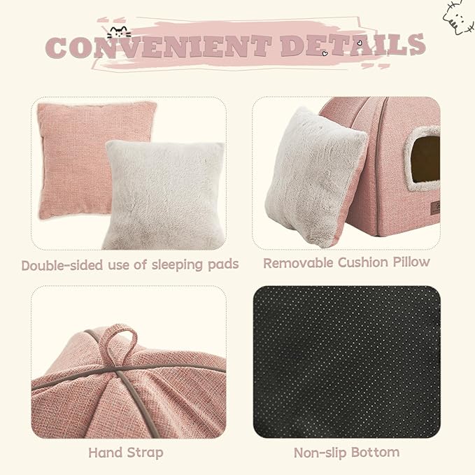 WINDRACING Cat Bed for Indoor Cats - Cat House Cats Tent with Removable Washable Cushioned Pillow, Soft and Self Kitten beds,for Small and Medium Pet Bed, Pink