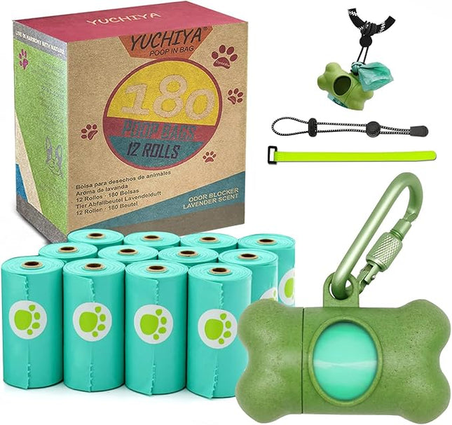 Dog Poop Pickup Bags Holder Dispenser with Leak-Proof Scented Doggy Waste Bags and Carabiner with Safety Lock Plus Hook and Loop Fastener Never Loose on Leash Lead Again (1 Holder 195 Bags, Green)