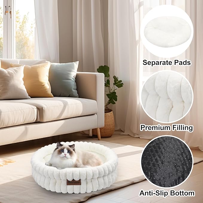 Cat Beds for Indoor Cats, Washable Round Bed for Small Dogs, Soft Pet Bed for Puppy and Kitten with Anti-Slip Bottom (White, 24in)