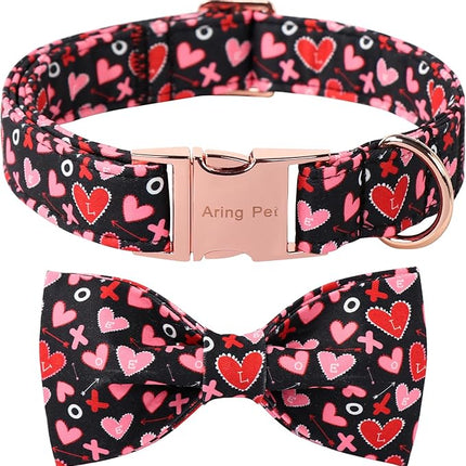 ARING PET Valentine's Day Bow Dog Collar, Black Red Heart Pet Collar with Bowtie for Small Medium Large Dogs-XS
