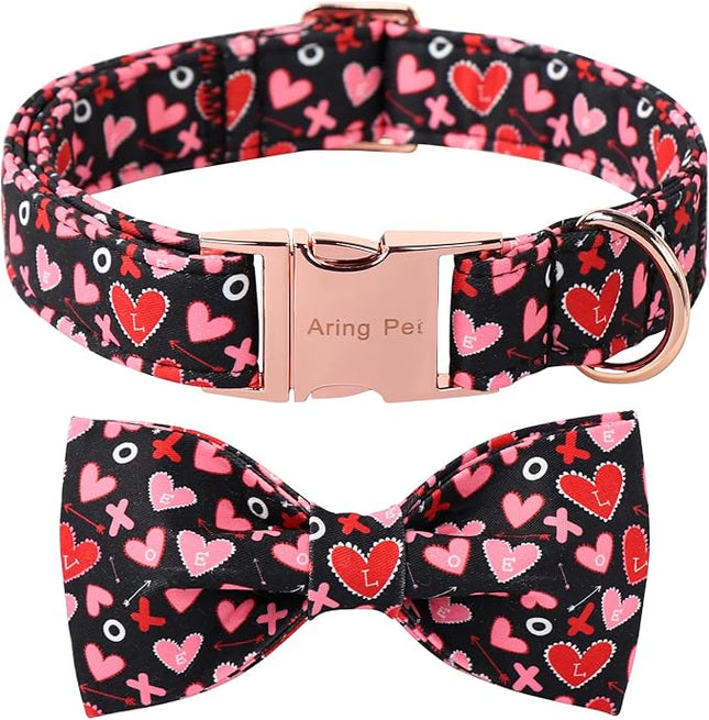 ARING PET Valentine's Day Bow Dog Collar, Black Red Heart Pet Collar with Bowtie for Small Medium Large Dogs-XS