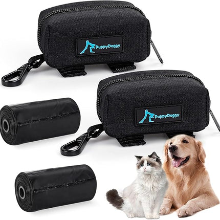PuppyDoggy 2 Pack Poop Bag Holder for Dogs and Cats Black Waste Bag Dispenser Poop Bag Pouch Dispenser with 2 Roll of Free Poop Bags for Leash Accessory Bicycle (Black, 2 Pack)