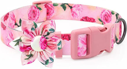 DQGHQME Floral Girl Pink Dog Collar with Rose Flower Bow Tie for Cute Female Cats & Dogs - Small to Large Sizes