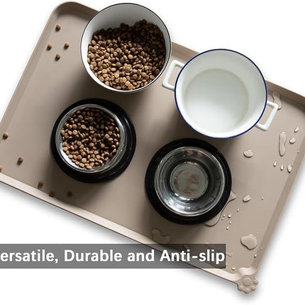 Hoki Found Large Silicone Pet Food Mats - Non Slip Dog & Cat Bowl Mats - Waterproof Tan