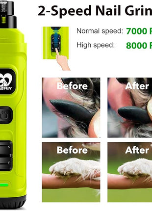 Casfuy Dog Nail Grinder with 2 LED Light - New Version 2-Speed Powerful Electric Pet Nail Trimmer Professional Quiet Painless Paws Grooming & Smoothing for Small Medium Large Dogs(Green)