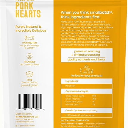 smallbatch Pets Premium Freeze-Dried Pork Heart Treats for Dogs and Cats, 3.5 oz, Made and Sourced in The USA, Single Ingredient, Humanely Raise Meat, No Preservatives or Anything Artificial