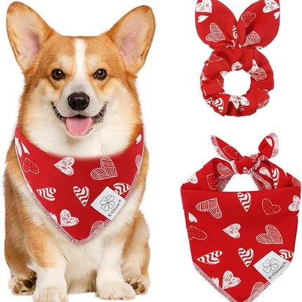 E-Clover Valentines Red Heart Dog Bandanas & Matching Scrunchie Set Cute Girl Dog Scarf Bibs Pet Bandana with Bow Tie for Small Dogs Puppy Owner Mom