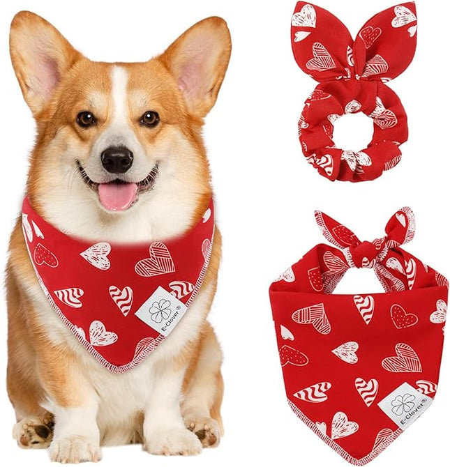 E-Clover Valentines Red Heart Dog Bandanas & Matching Scrunchie Set Cute Girl Dog Scarf Bibs Pet Bandana with Bow Tie for Small Dogs Puppy Owner Mom